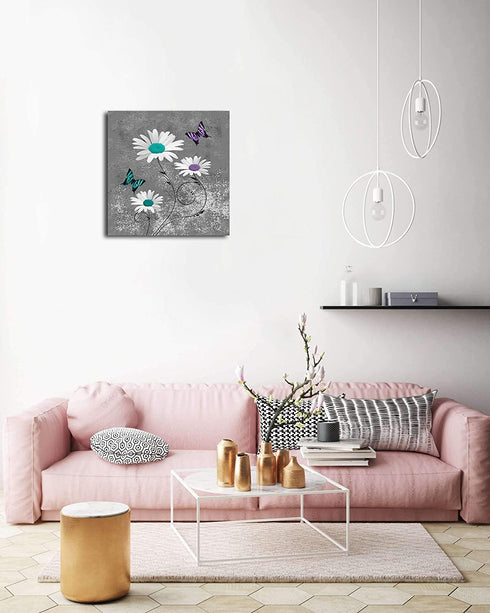Colla Canvas Print Wall Art Teal Purple Daisy Flower Butterflies Decorative Paintings Modern Home Wall Decor for Bedroom Living Room Bathroom Framed Ready to Hang 12x12 Inches