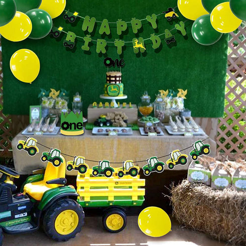 PRATYUS Farm Green Tractor First Birthday Party Decoration With Green Birthday Banner,Baby Crown Hat, Tie and Cake Topper for Baby Girl Boy Photo Booth Props