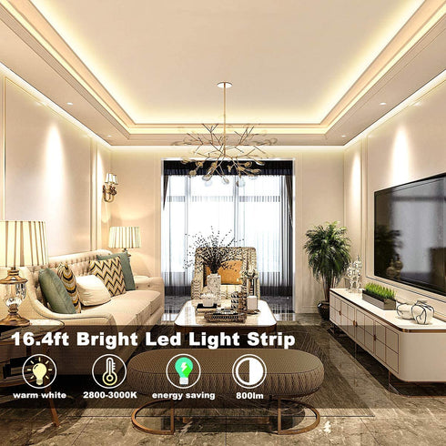 LED Strip Lights Warm White, 16.4ft Dimmable LED Light Strip with RF Remote, 300 Bright 3000K 2835 LEDs, Plug-in Adhesive Rope Lights with Timing Mode for Living Room Bedroom Kitchen Cabinet Mirror