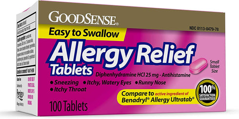 GoodSense Allergy Relief Diphenhydramine HCl 25 mg, Antihistamine Tablets for Symptoms Due to Hay Fever and Upper Respiratory Allergies, 100 Count
