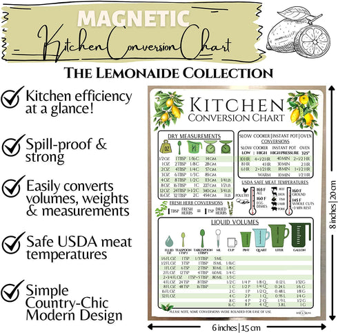Kitchen Measurement Conversion Chart Modern Farmhouse Design | 8x6 Inch Refrigerator Magnet | Magnetic Kitchen Reference Table w/ Safe Cooking Temperature Guide - Slow Cooker, Instant Pot Cheat Sheet