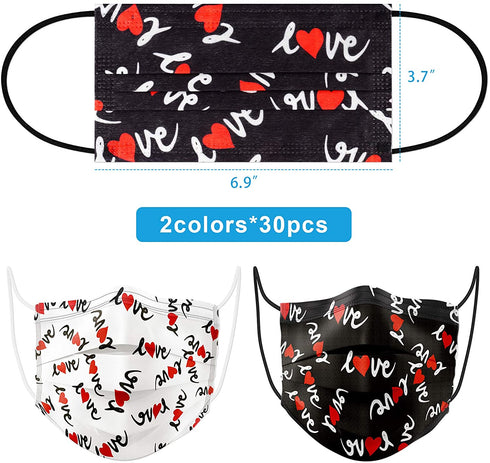 60PCS Disposable Fashion Face Masks Love Heart Print Valentine's Day Stylish Gift Unisex 3-Ply Covering Individually Packed for Adult Man Women