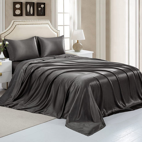 Satin Flat Sheet Only, King Flat Sheet, 1 - Piece Dark Grey Top Sheet, Extra Soft Silk Flat Bed Sheets Sold Separately King - Dark Grey