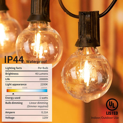 G40 Outdoor String Lights LED 25Feet Patio Lights with 27 LED Shatterproof Bulbs(2 Spare), Waterproof Globe Hanging Lights for Backyard Decor Bistro Party Yard Decor, E12 Socket, 2200K, Black Wire
