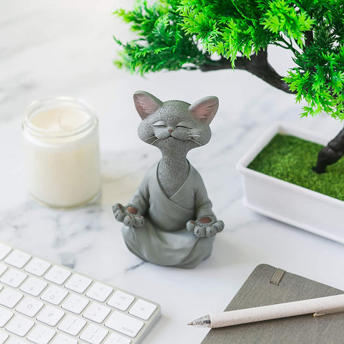 Whimsical Grey Buddha Cat Figurine Meditation Yoga Collectible - Happy Cat Collection - Cat Lover Gifts for Women, Cat Lover Gifts for Men, Meditation Decor, Yoga Decor