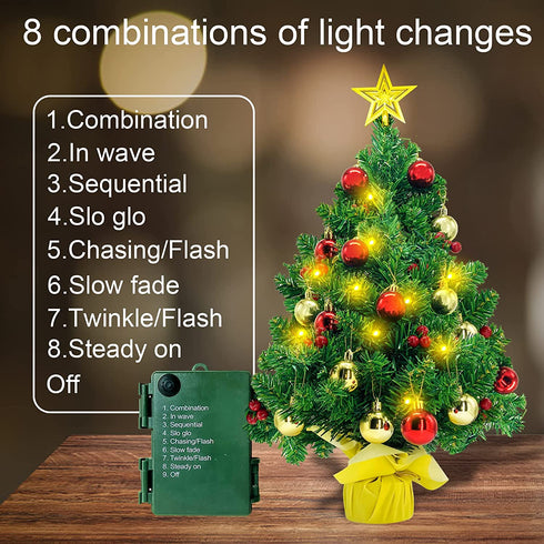 CREPRO 2ft Pre-lit Christmas Tree, Artificial Mini Christmas Tree with Lights and Christmas Ornaments, Tabletop Christmas Trees with Star Treetop for Xmas Home Party Holiday DIY Decorations(Gold)