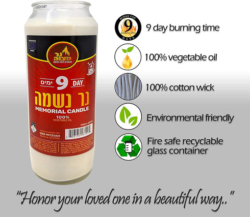 Ner Mitzvah 9 Day Yahrzeit Candle - 2 Pack Kosher White Yahrzeit Memorial Candles - Yom Kippur and Holiday Candle in Glass Jar - 100% Vegetable Oil Wax Prayer Candle