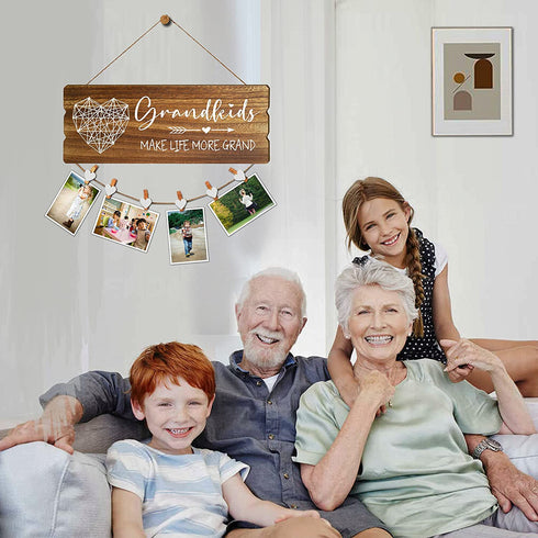 Buecasa Gifts for Grandma from Grandchildren - Grandkids Make Life More Grand Wooden Picture Holder with 6 Heart Clips 15.8x6.0 Inches