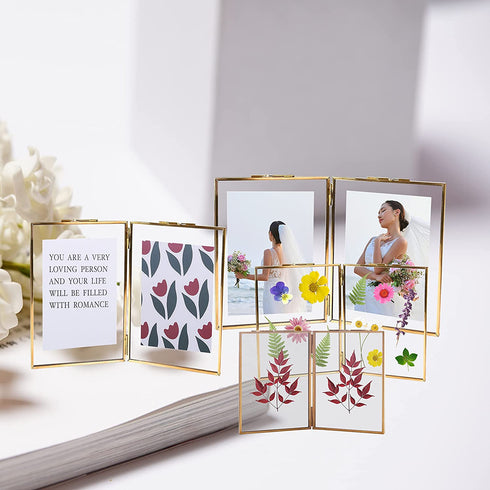 LONGWIN 5x7 Gold Brass Picture Frames Double Folding Photo Frame Tabletop Memorial Picture Frame for Pressed Flowers Artwork Certificate Plants Specimen