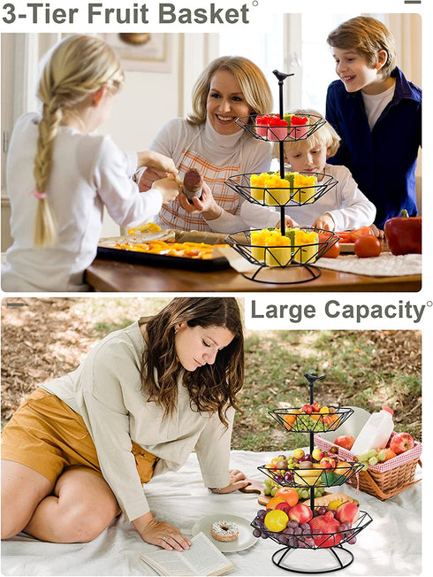 Fruit Basket for Kitchen-Countertop Detachable Vegetables-Storage - Homlab 3-Tier Fruit Bowl for Counter Fruit Holder Metal Banana Holder Organizer with Banana Hanger & Reusable Storage Bag(Black)