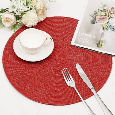 SHACOS Round Placemats Set of 6 Woven Braided 15 inch Circle Placemat for Dining Tables Kitchen Table Mats Washable (Red, 6)