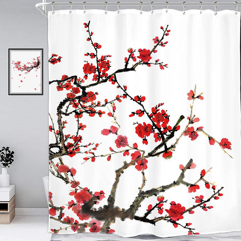 Homewelle Plum Shower Curtain Blossom Aesthetic Watercolor Floral 60Wx72L Inch Red Cherry Cute Traditional Weeping Flower Japanese Branch Ink Scenery Asian Waterproof Polyester Fabric Bathroom Bathtub
