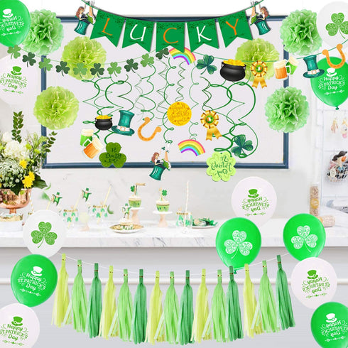 St Patricks Day Decorations, 64 Pcs Green Lucky Irish Party Supplies Accessories, Shamrock Balloon, Banner, Tissue Paper Pom Poms, Hanging Swirl, Paper Tassels