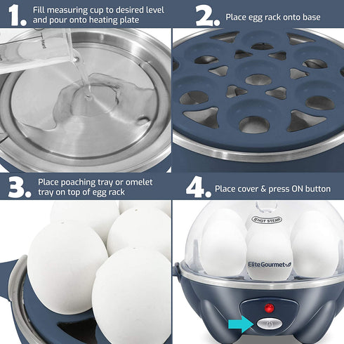 Elite Gourmet EGC007BG Rapid Egg Cooker, 7 Easy-To-Peel, Hard, Medium, Soft Boiled Eggs, Poacher, Omelet Maker, Auto Shut-Off, Alarm, 16-Recipe Booklet, BPA-Free, Slate Blue