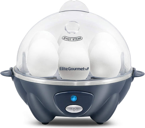Elite Gourmet EGC007BG Rapid Egg Cooker, 7 Easy-To-Peel, Hard, Medium, Soft Boiled Eggs, Poacher, Omelet Maker, Auto Shut-Off, Alarm, 16-Recipe Booklet, BPA-Free, Slate Blue