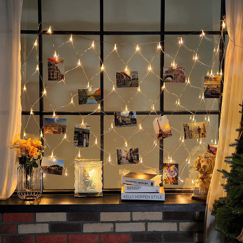 Hanging Photo Display 3.3x3.3 Ft, 75 LED Net Photo Clips String Light with 25 Clips and Remote, 8 Modes USB Operated Fairy Lights for Home Bedroom Indoor Wall Decoration (Warm White)
