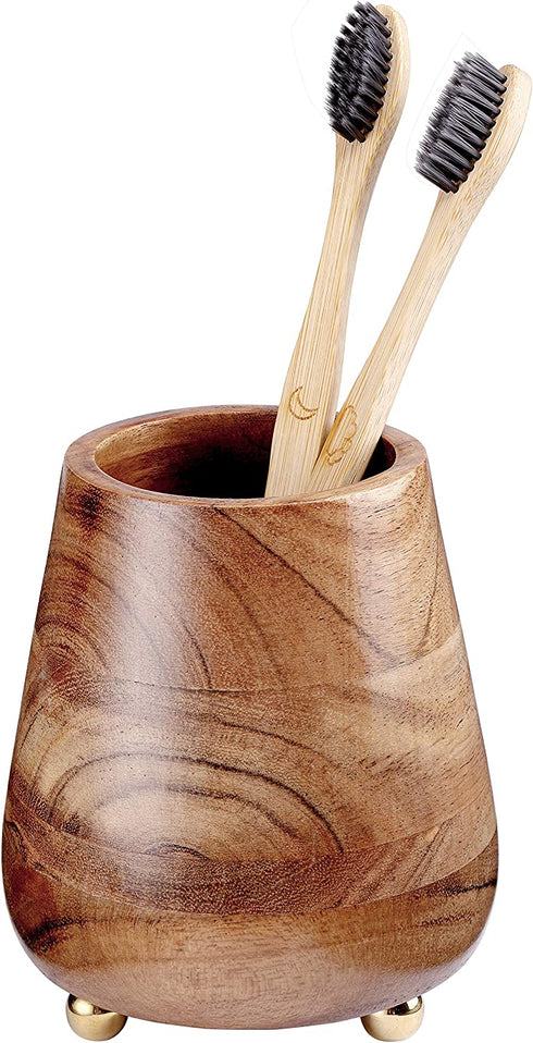 Folkulture Toothbrush Holder for Bathroom, Tooth Brushing Holder for Bathrooms, Modern Wooden Holder for Tooth Brushes and Toothpaste, Acacia Wood, 4 x 3 Inches, Natural Finish