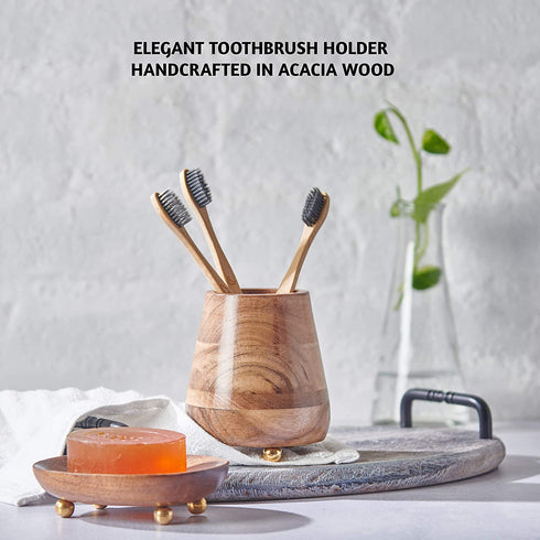 Folkulture Toothbrush Holder for Bathroom, Tooth Brushing Holder for Bathrooms, Modern Wooden Holder for Tooth Brushes and Toothpaste, Acacia Wood, 4 x 3 Inches, Natural Finish