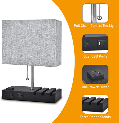 Table Lamp with USB Port, Bedside lamp for Bedroom Warm White Bulb Winshine 3 Phone Stands Grey Shade Modern Lamp with Dual USB Port, AC Outlet, Pull Chain Switch Ideal for Desk, Bedroom, Nightstand