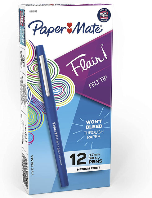Paper Mate Flair Felt Tip Pens, Medium Point (0.7mm), Blue, 12 Count