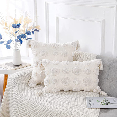 PANOD Super Soft Farmhouse Decorative Plush Throw Pillow Covers 20 x 20 White,Solid Pom pom Tufted with Tassels Modern Accent Boho Square Cushion Cover Pillow Case for Couch Sofa