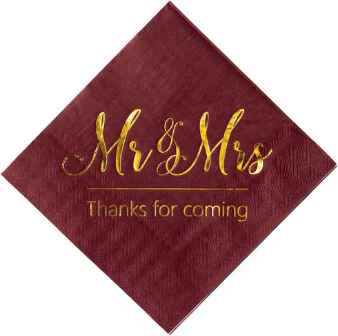 Crisky Wedding Napkins Mr Mrs Burgundy Gold Cocktail Beverage Dessert Napkins for Wedding Shower Engagement Party Decorations, 100 Pcs, 3-Ply