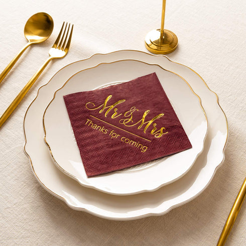 Crisky Wedding Napkins Mr Mrs Burgundy Gold Cocktail Beverage Dessert Napkins for Wedding Shower Engagement Party Decorations, 100 Pcs, 3-Ply