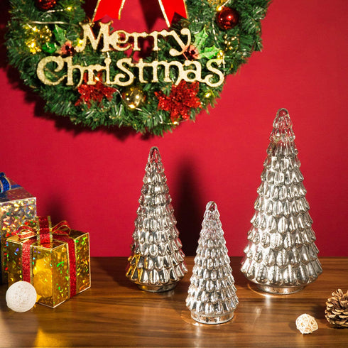 Diamond Star Mercury Glass Christmas Tree Christmas Decoration for Window Tabletop Mantel ( Silver with Embossed Texture, 12.5" Height X 5.5" Diameter )