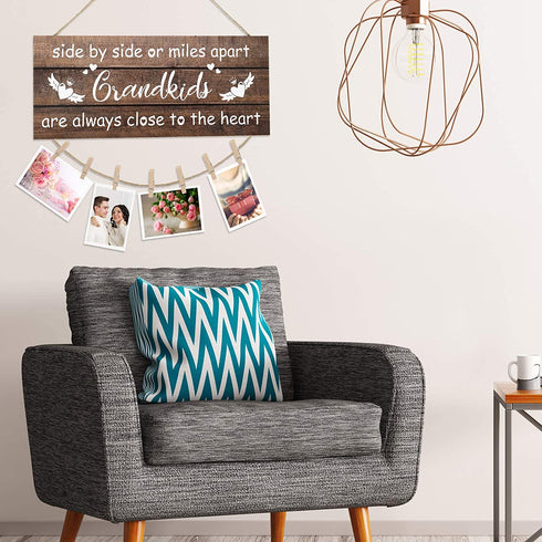 Jetec Grandkids Photo Holder Side by Side or Miles Apart Photo Frame Rustic Wooden Hanging Photo Display Board Grandmas Picture Frame with Clips and Twine for Living Room Bedroom Home Decor