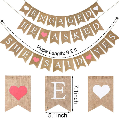 3 Pieces Engaged Burlap Banner He Asked She Said Yes Banner Rustic Bridal Shower Bunting Garland for Wedding Engagement Party Decorations