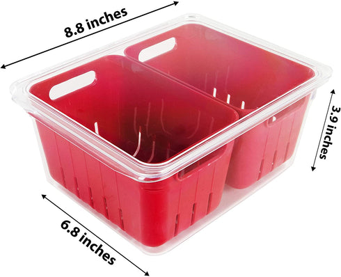 Kitchen Spaces KSDCB12-AMZ Twin Colander Stackable Food Storage Organizer for Fridge, Freezer, and Pantry, 8.8" x 6.8" x 3.9", Red & Clear
