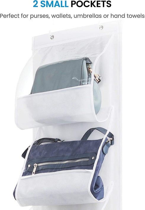 Over The Door Purse Organizer & Storage (2Pack) Handbag Organizer with 6 Easy Access Deep Pockets - Durable Metal Hooks, Handbag Organizer with Clear Pockets -Ideal for Scarf, Umbrella/Accessories Etc