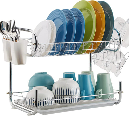 Dish Drying Rack 2 Tier, Kitchen Dish Rack with Drainboard, NATUROUS