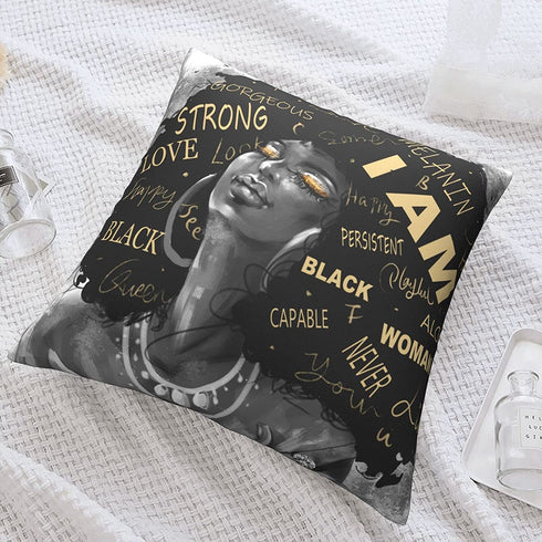 Inspirational Quotes Afro Black Art Pillow Covers Cases African American Pillows Decorative Throw Pillows Blcak and Gold Pillow Cases 18x18 in