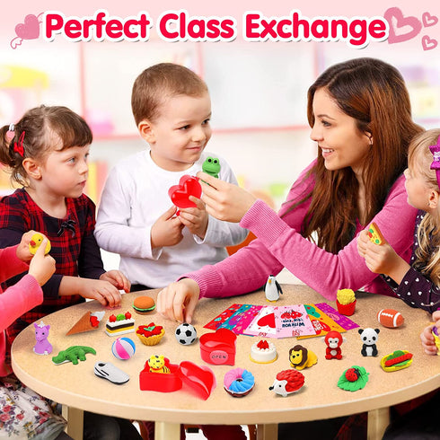 28 Pcs Kids Valentines Gifts Valentines Cards for Kids Classroom Exchange Valentine Party Favors for Kids Cute 3D Animal Eraser Filled Hearts Valentine Day Gifts for Kids with Kids Valentine Cards