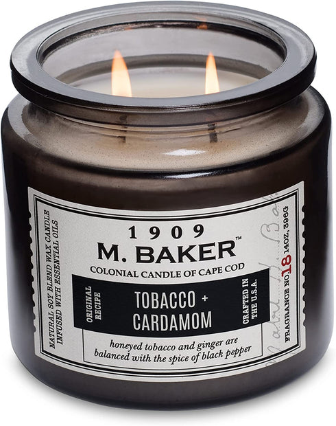 Colonial Candle Tobacco & Cardamom Scented Jar Candle, M. Baker Collection, 2 Wick, Grey, 14 oz - Up to 60 Hours Burn