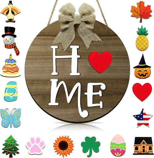 Jetec Home Interchangeable Welcome Sign, Seasonal Front Door Decor with 16 Changeable Ornament, Rustic Wood Round Wall Hanging Sign for Valentines Easter Independence Day Holiday Porch