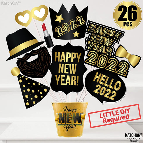 Large, New Year Photo Booth Props 2022 Pack of 26 | Black, Gold Foil New Years Eve Photo Booth Props | New Years Photo Props for Happy New Year Decorations 2022 | New Years Eve Party Supplies 2022