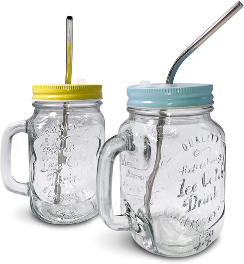 Home Suave 16 oz Glass Mason Jars Mugs with Handle, Lids with 2 Reusable Stainless Steel Straws, Regular Mouth, Set of 2 (Light Blue & Yellow))