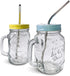 Home Suave 16 oz Glass Mason Jars Mugs with Handle, Lids with 2 Reusable Stainless Steel Straws, Regular Mouth, Set of 2 (Light Blue & Yellow))
