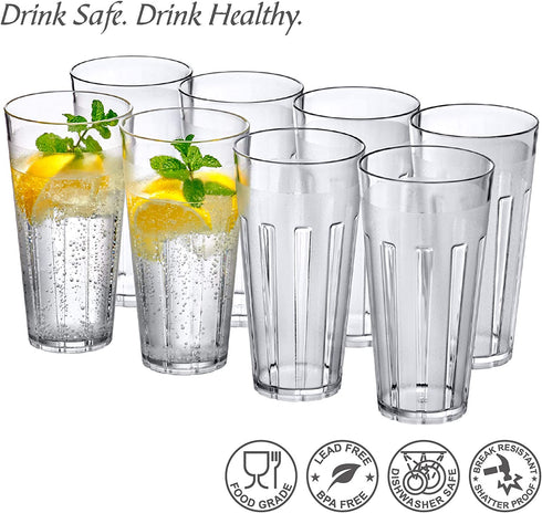 Amazing Abby - Stripe - 24-Ounce Plastic Tumblers (Set of 8), Plastic Drinking Glasses, All-Clear High-Balls, Reusable Plastic Cups, Stackable, BPA-Free, Shatter-Proof, Dishwasher-Safe