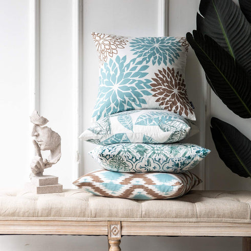 Phantoscope Set of 4 New Living Series Decorative Blue and Coffee Throw Pillow Case Cushion Cover 18 x 18 inches 45 x 45 cm