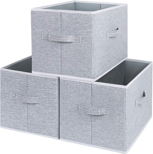 DIMJ Closet Storage Bins, Fabric Storage Basket for Shelves, Collapsible Storage Bins with Handles Closet Organizers and Storage Cubes Box for Clothes, Toys, Other Sundries (Gray, 3 Packs )