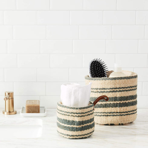 Creative Co-Op DA8007-1 Cream & Blue Striped Jute Wall Baskets with Leather Loops (Set of 2 Sizes)