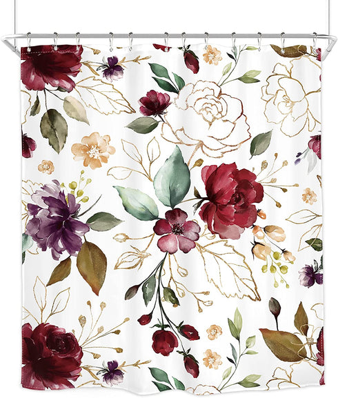 Homewelle Burgundy Floral Shower Curtain Botanical Rustic Flower 60Wx72L Inch Cute Vintage Wildflower Elegant Herbs Retro Spring Plant Nature Aesthetic Classic Polyester Fabric Bathroom Bathtub