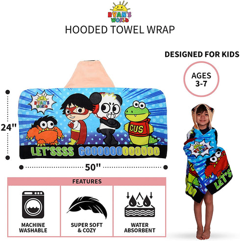 Franco Kids Bath and Beach Soft Cotton Terry Hooded Towel Wrap, 24" x 50", Ryans World