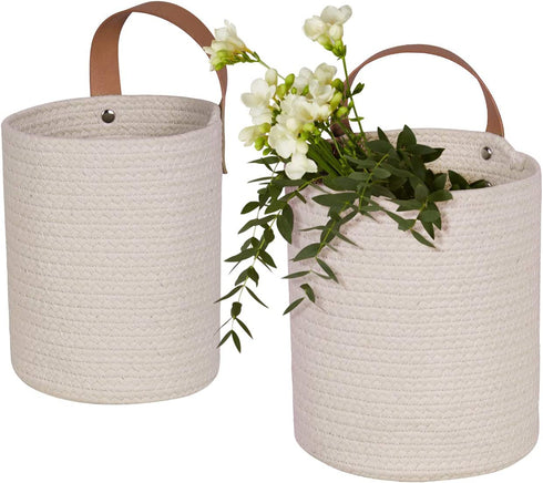 LA JOLIE MUSE Wall Hanging Storage Baskets Set of 2 - Small Cotton Rope Handle Nursery Hanging Storage Organizer, Hanging Rope Basket with Planters