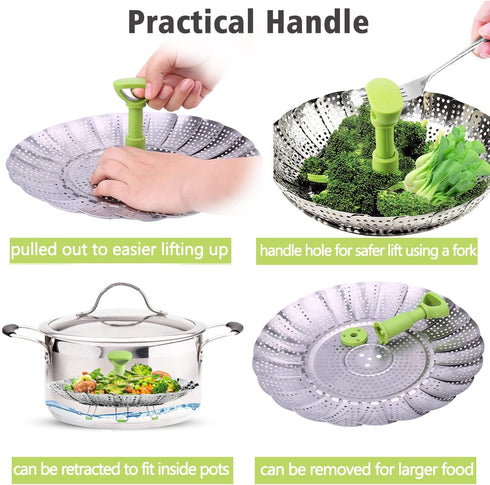 Steamer Basket Stainless Steel Vegetable Steamer Basket Folding Steamer Insert for Veggie Fish Seafood Cooking, Expandable to Fit Various Size Pot (7.1" to 11")