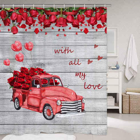 Valentine's Day Shower Curtain, Car Filled with Red Roses and Love Balloon Waterproof Shower Curtain with 12 Hooks for Bathroom Valentine's Day