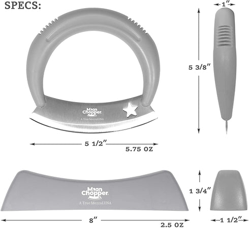 A True Mezzaluna Chopper, 5.5" Rust-Resistant Stainless Steel, Pizza Cutter, Salad Cutter, Food Chopper, Rocker Knife with a Sharp Mincing Blade, Crescent-Moon Shaped Safety Handle, Dishwasher Safe
